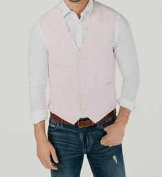 $155 Tommy Hilfiger Mens Pink Modern Fit Solid Suit Cotton Waistcoat Vest Size S Description Tommy Hilfiger Men's Modern-Fit Chambray Vest Stylish in denim-like chambray, Tommy Hilfiger's modern-fit vest features a five-button closure and rear belt to give you an iconically crisp look. Modern fit features an athletic fit through the shoulders, chest and waist with higher armholes Five-button closure Two front welt pockets; belt on back with buckle, belt support loop Fully lined All cotton Dry cl Spring Business Vest With Button Closure, Spring Button-up Vest With Pockets, Casual Business Vest With Pockets, Spring Semi-formal Single Breasted Vest, Slim Fit Single Breasted Outerwear For Spring, Casual Single-breasted Business Vest, Fitted Spring Vest With Lapel Collar, Spring Cotton Denim Vest For Work, Spring Workwear Cotton Denim Vest