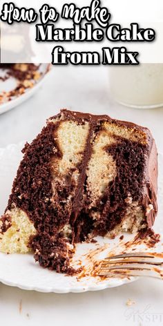 a close up of a piece of cake on a plate with the words how to make marble cake from mix