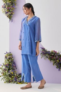 Blue mul chanderi kurta with an embroidered collar and sleeves. Paired with an embroidered pant. - Aza Fashions Spring Blue Chanderi Sets, Summer Blue Sets With Mirror Work, Blue Summer Sets With Mirror Work, Women Kurta, Embroidered Pants, Embroidered Collars, Set Women, Pant Set, Aza Fashion