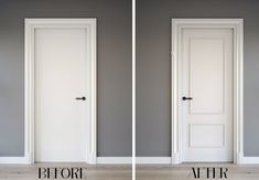 two doors with the same color as each other in an empty room, before and after remodeling