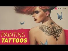 a woman with red hair and tattoos on her back is shown in this painting video