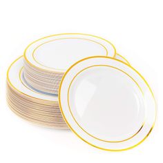 PRICES MAY VARY. Experience Elegance - Elevate the sophistication of your event with these white and gold plastic plates featuring a stunning gold rim. These fancy reusable plates look remarkably realistic, enhancing any table with their elegant appearance. Perfect for Small Party - Whether you're hosting an intimate gathering or a cozy celebration, this value pack of elegant party plates offers the perfect dining solution for your needs. With 30 dinner & dessert plate combo sets included, you w Gold Rimmed Plate Table Setting, Gold Plastic Wedding Plates, White Gold Rimmed Plates, Gold Plastic Silverware And White With Gold Trim Sqyare Plates, Plastic Plates Wedding, White Plate Gold Cutlery, Black Plastic Plates, Gold Plastic Plates, White Plastic Plates