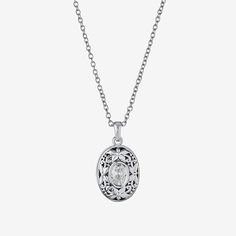 Add this Sparkle Allure pure silver over brass 18 inch oval locket necklace to your jewelry collection for a simple and trendy look. This locket necklace is crafted in pure silver over brass, features a beautiful sparkling Cubic Zirconia stone and can be opened to add small memorable pieces. The chain is 18 inches in length with a 2 inch extender, a solid link construction and a spring ring clasp for a safe and comfortable wear. You can stack this locket necklace with your other favorite necklac Silver Oval Sterling Silver Charm Necklace, Silver Sterling Oval Charm Necklaces, Oval Silver Sterling Silver Charm Necklaces, Silver Oval Locket Necklace Nickel-free, Silver Oval Locket Necklace Nickel Free, Silver Necklace With Oval Pendant, Silver Charm Necklace With Oval Pendant And Adjustable Chain, Nickel-free Silver Oval Locket Necklace, Silver Oval Locket Necklace With Adjustable Chain