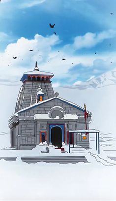 an animated image of a building in the snow