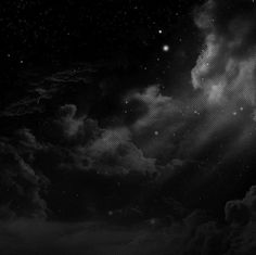 black and white photograph of the night sky with stars in the clouds, moon behind