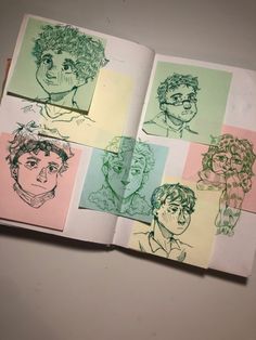 four different colored papers with pictures of people on them and one has a pencil drawing of the same person