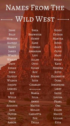 names from the wild west are shown in front of a large rock formation with mountains