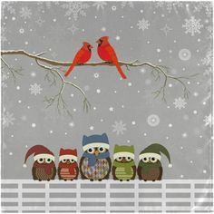 four owls sitting on a tree branch with snowflakes in the background