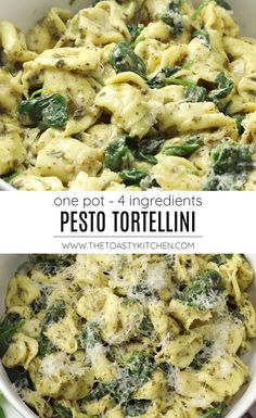 one pot, 4 ingredients pesto tortellini with spinach and parmesan cheese