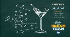 a drawing of a martini glass on a chalkboard with the words game plan and instructions