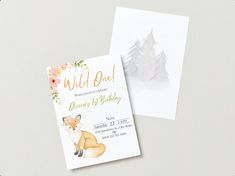 an animal themed birthday party with watercolor fox and flowers on the front, and wild one on the back