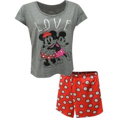 Disney fans will love these jammies! Made from the softest fabric, these Minnie and Mickey Mouse shortie pajamas for women have red polka dot shorts and a crew neck, short sleeve top. The image on the pajama top is intentionally distressed. They are a missy cut. Size: S.  Color: Gray.  Gender: female.  Age Group: adult. Mickey Mouse Cotton Sleepwear For Bedtime, Cotton Mickey Mouse Sleepwear For Bedtime, Red Character Print Sleepwear For Sleepover, Cute Red Sleepwear For Loungewear, Disney Sleepwear With Character Print For Loungewear, Disney Character Print Sleepwear For Loungewear, Minnie Mouse Cotton Sleepwear, Cotton Minnie Mouse Sleepwear, Casual Cotton Mickey Mouse Sleepwear