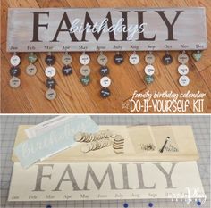 the family name sign is made out of wood and has buttons attached to it, along with