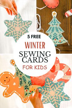 five free winter sewing cards for kids to make with paper snowflakes and christmas trees