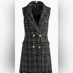 A Wool-Tweed Dress Is Rendered In Beloved Black And White And Lined With A Double Row Of Brassy Buttons. Never Worn. Tweed Dress Combat Boots, Tweed Sleeveless Dress, Chic Sleeveless Tweed Dress For Office, Elegant Sleeveless Tweed Mini Dress, Sleeveless Tweed Dress For Formal Occasions, Elegant Sleeveless Tweed Dress For Work, Formal Sleeveless Tweed Dress, Sleeveless Tweed Dress For Winter, Sleeveless Tweed Mini Dress For Work