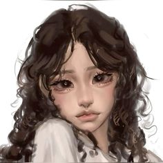 a digital painting of a girl with curly hair and brown eyeliners, wearing a white shirt