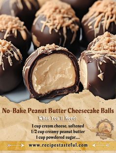 chocolate covered peanut butter cheesecake balls are shown in this ad for reese's