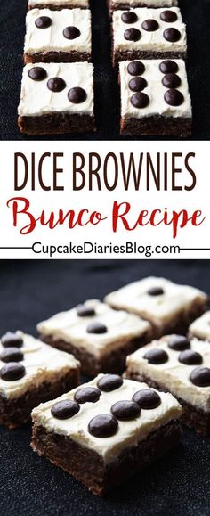 chocolate brownies with white frosting and chocolate chips on top are arranged in rows