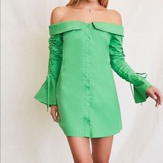 Brand New Cute Green Dress! Never Worn Still Has Tags Spring Cotton Mini Dress For Date Night, Trendy Green Mini Dress For Day Out, Trendy Green Cotton Mini Dress, Spring Off-shoulder Cotton Mini Dress, Casual Off-shoulder Mini Dress For Spring, Ruffle Shoulder Dress, Blair Dress, Pixie Dress, Spaghetti Strap Mini Dress