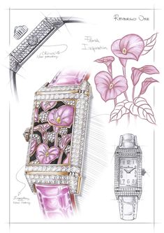 Jaeger-LeCoultre Reverso One Precious Flowers q3292430 Sketch Watch Sketch, Artistic Crafts, Jewel Drawing, Watch Drawing, Jaeger Lecoultre Reverso, Jewelry Rendering, Swiss Luxury Watches, Posca Art, Jewellery Design Sketches