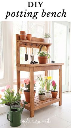 a potting bench with pots and plants on it