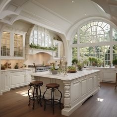 Luxury Kitchen With Window, Tuscany Italy Kitchen, Open Bright Kitchen, Coastal Dream Home, Unique House Features Interiors, Cottage Style Mansion, Traditional House Kitchen, Richard Bergh, Cathedral Kitchen