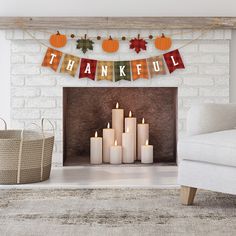 a decorated fireplace with candles in front of it that says, thank you and pumpkins