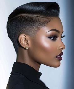 A slicked back undercut with a defined part, adding structure and style to the look. Perfect for a clean and sophisticated appearance. Back Undercut, Short Haircuts For Black Women, Pixie Haircut Styles, Black Hair Short Cuts, Shaved Hair Cuts, Haircuts For Black Women, Natural Hair Cuts, Pompadour Hairstyle, Natural Hair Short Cuts