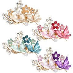 PRICES MAY VARY. Material: Each hair clip is made of high quality gold metal alligator hair clip and coating butterflies and flowers with small rhinestones and pearls embellishment. Excellent materials and fine workmanship make these butterfly hair clips more exquisite and unique. Color: Gold metal barrettes with 4 main different colors on the top including champagne, purple, blue and pink. Different colors offer a variety of choices for you to match your outfits. Size: The size of this butterfl Butterfly Headpiece, Snap Hair Clips, Gems Crystals, Headpiece Accessories, Lilac Hair, Butterfly Hair Clip, Hair Accessories Clips, French Barrette, Spring Hairstyles