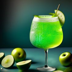 a green drink in a glass surrounded by sliced apples on a table with a dark background