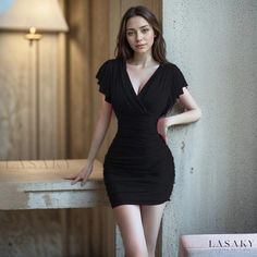 Lasaky - Chic Mesh Sheer Neckline Bodycon Dress with Flared Sleeves, Waist Cinching, and Ruffled Short Skirt Sheer Mesh Bodycon Dress, Dress With Flared Sleeves, Casual Denim Dress, Sheer Mesh Dress, Bodycon Dress With Sleeves, Lace Jumpsuit, Sequin Cocktail Dress, Lace Sheath Dress, Pleated Mini Skirt