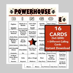 two printable cards for the power house bingo game