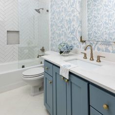 a bathroom with blue cabinets and a white toilet sitting next to a bath tub in it