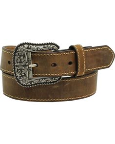 Ariat Women's Leather Belt with Engraved Buckle, Brown Adjustable Engraved Brown Belt, Classic Brown Belt For Ranch, Western Style Engraved Leather Belt, Engraved Leather Western Belt, Brown Leather Rodeo Belt, Brown Leather Belt For Rodeo, Western Brown Belt For Formal Occasion, Western Style Brown Belt For Formal Occasions, Adjustable Hand Tooled Brown Belt