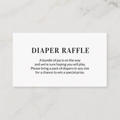 a white business card with the words diaper raffle written in black on it