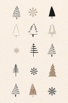 christmas trees and snowflakes are shown in black and white on a beige background