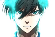 an anime character with green hair and blue eyes looks at the camera while staring straight ahead