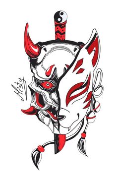 Oni Mask Painting, Traditional Japanese Kitsune Tattoo, Anime Mask Tattoo, Kitsune Back Tattoo, Fox Forearm Tattoo, Kitsune Mask Tattoo Design, Kitsune Mask Drawing, Kitsune Mask Art, Japanese Mask Art