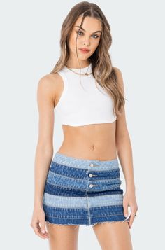 Everyday Ribbed Top Denim Skirt Outfit Ideas, Bad Dresses, Denim Skirt Outfit, Skirt Outfit Ideas, Belted Mini Skirt, High Neck Crop Top, Mini Skirt Dress, Crop Top And Shorts