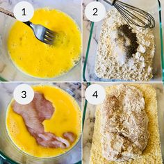 four pictures showing how to make an egg mixture in a glass bowl with eggs and other ingredients