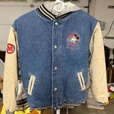 Pre-Owned: Disney Kids Vintage Embroidered Mickey Mouse Varsity Bomber Denim Jacket Size L Very Unique Item And Very Comfortable . Color Is Denim And The Inside And Sleeves Are A Tan Color. Please Note That This Is A Kid Size. However, I Am An Extra Large And The Large Fit Snuggly. But It’s Wearable For An Adult. Disney Jacket, Disney Kids, Tan Color, Vintage Children, Kids Jacket, Jean Coat, Jean Jacket, Extra Large, Denim Jacket