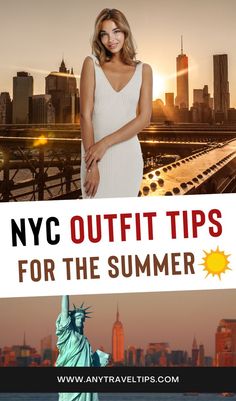 the statue of liberty and new york city skyline with text overlaying nyc outfit tips for the summer