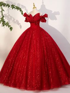 Red Tulle Long A-Line Ball Gown Shimmer Ball Gown, Off Shoulder Formal Dress, Ball Gown Off Shoulder, Ball Gown Red, Dress Red Long, Gown Off Shoulder, Sweet 16 Dress, Off Shoulder Evening Dress, Tulle Balls