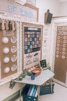 a bulletin board in the corner of a room with writing on it and other decorations