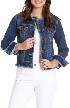 A fun update to a classic style, this stretch-denim jacket features softly frayed edges and a fitted, collarless silhouette for casual-chic layering. Front button closure Collarless Button cuffs Chest button-flap patch pockets 70% cotton, 28% polyester, 2% elastane Machine wash, tumble dry Imported Asian Owned/Founded Fitted Dark Wash Outerwear With Frayed Hem, Fitted Outerwear With Frayed Hem, Trendy Fitted Outerwear With Frayed Hem, Fitted Trendy Outerwear With Frayed Hem, Casual Fitted Outerwear With Frayed Hem, Casual Fitted Denim Jacket With Frayed Hem, Fitted Cotton Outerwear With Frayed Hem, Fitted Denim Blue Outerwear With Frayed Hem, Trendy Dark Wash Stretch Denim Jacket