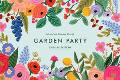 the garden party poster with colorful flowers and leaves on it's blue back ground