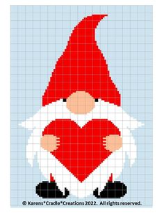 a cross stitch pattern with an image of a gnome holding a red heart in his hands