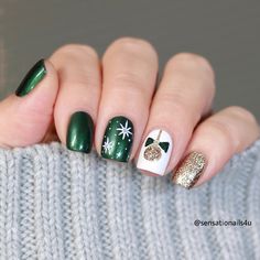 @zoyanailpolish Regina Green Plaid Nails Christmas, Dip Nails Christmas Ideas, Christmas Nails Fun, Christmas Green Nail Designs, Simple Christmas Nails Green, Christmas Ornament Nails, Dark Green Christmas Nails, Green Holiday Nails, Green Christmas Nail Designs