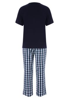 Mens Navy Check Print Pyjama Set Pajamas Men, Mens Pjs, Men Nightwear, Mens Pajamas Set, Sleep Wear, Navy Blue Shorts, Print Pajamas, Mens Pajamas, Crew Neck Top