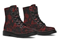 Blood Rose Romance Boots - Vegan Leather Doc-Style Boots with Durable – Rogue + Wolf Long Tee Shirts, Gym Backpack, Black Backdrop, Into The Abyss, Rose Vines, The Abyss, Black Backdrops, Hauntingly Beautiful, Winter Sneakers